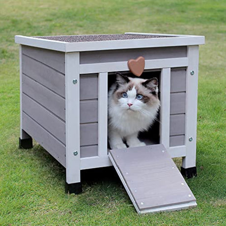 Hicaptain Cat House Outdoor, Feral Cat Shelter, Outside Rabbit Hutch Weatherproof Wooden Small Animal House and Habitats HiCaptain