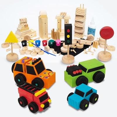 SparkJump Build & Paint Your Own Wooden Cars - Creative & Fun Arts & Crafts for Kids - Woodworking Kit for Kids - Easy to Assemble Wooden Cars to