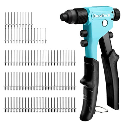 DURATECH 4-in-1 Rivet Gun, Pop Rivet Tool Kit with 100 Rivets - 3/32", 1/8", 5/32", 3/16", Heavy Duty Hand Riveter with 4 Interchangeable Nosepieces