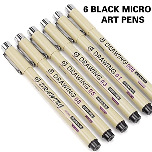Micro Fineliner Drawing Art Pens: 6 Black Fine Line Waterproof Ink Set Artist Supplies Archival Inking Markers Pigment Liner Journaling Sketch KOUSICOO