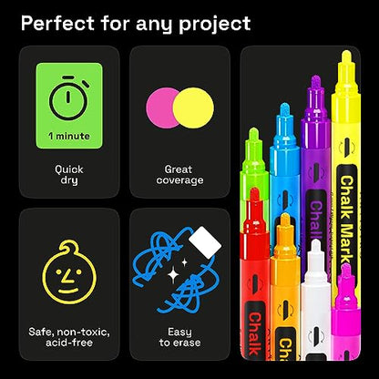 ARTISTRO 8 Neon Chalk Markers - Erasable Chalk Pens with 6mm Reversible Tip for Blackboard, Chalkboard, Car Window, Glass - Liquid Chalk Markers - WoodArtSupply