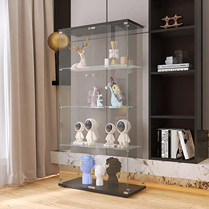 Dolonm Glass Display Cabinet 4 Shelves with 2 Doors, 5mm Tempered Glass Curio Cabinet, Floor Standing Curio Bookshelf, Glass Display Case for Living
