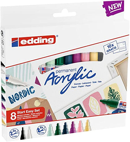 edding Start Easy Set - acrylic paint pens, waterproof; fine and medium nib, incl. postcard pad - set of 8 acrylic pens (nordic) - acrylic pens for - WoodArtSupply