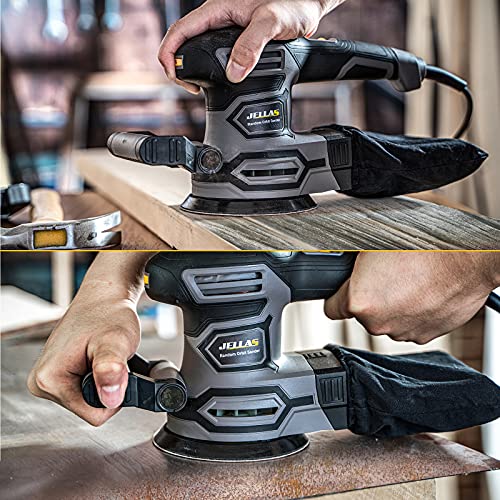 3.8A(450W) Orbital Sander, Jellas 6 Variable Speeds Double Handle Random Orbit Sander, 5-Inch Electric Sander with 18pcs Sandpapers, Dust Collector, Jellas