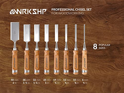 WRKSHP Wood Chisel Set (8 pcs) with Premium Wooden Storage Case, Sharpening Stone, Honing Guide & Protective Caps - Wood Chisels for Woodworking - WoodArtSupply