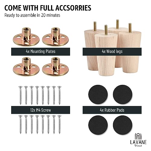 6 inch Unfinished Ash Wood Furniture Legs, LAVANE Set of 4 Mid-Century Modern Tapered Wooden Replacement Feet with Pre-Drilled 5/16 Inch Bolt & La Vane