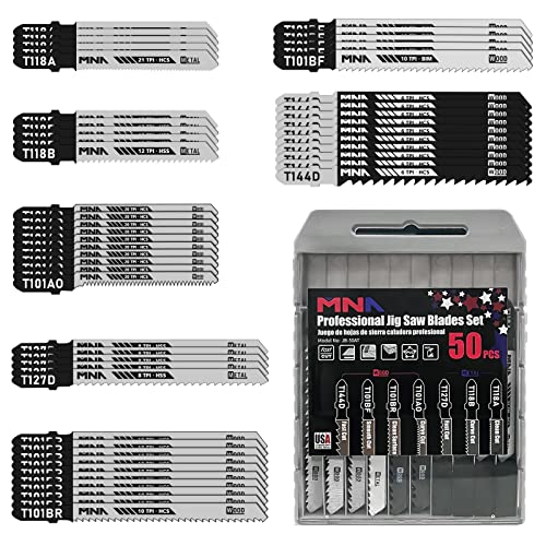 MNA Multi-Purpose Jig-Saw Blades, 50 Pieces, Assorted Jig Saw Kit Value Pack for Wood, Plastic and Metal Cutting with Carry Case MNA