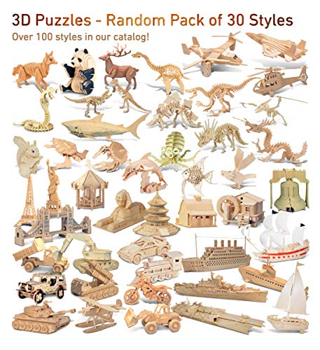 Puzzled 3D Wooden Puzzles Pack of 30 - Wood Craft Construction Model Kits for Kids & Adults of Assorted Random 30 Kits, Educational DIY Toy, Puzzled