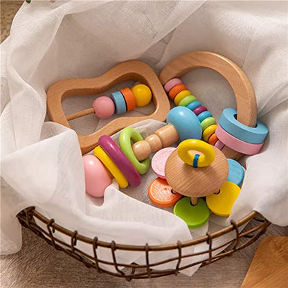 4pc Organic Colorful Baby Rattle Set Safe Food Grade Wood Rattle Soother Bracelet Teether Set Montessori Toddler Toy multicolored