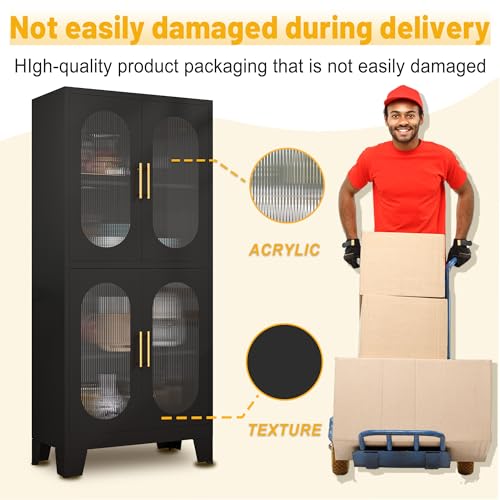 RISTERN Black Metal Storage Cabinet, Kitchen Pantry Storage Cabinet with Doors and 3 Shelves(2 Adjustable), Floor Office Storage Cabinet for Kitchen, RISTERN