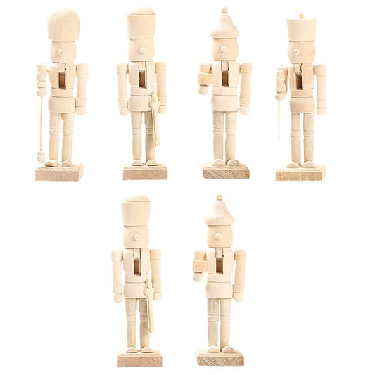 Amosfun 6pcs Christmas Nutcracker Figurine Unfinished Wooden Peg People Doll Desktop Figure Ornaments for Xmas Party DIY Painting Craft Art Peg Game