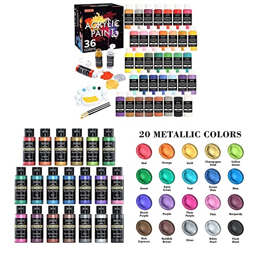 Shuttle Art Acrylic Paint Bundle, Set for 36 Colors Acrylic Paint in Bottles (60ml/2oz) + 20 Colors Metallic Acrylic Paint (60ml/2oz) - WoodArtSupply