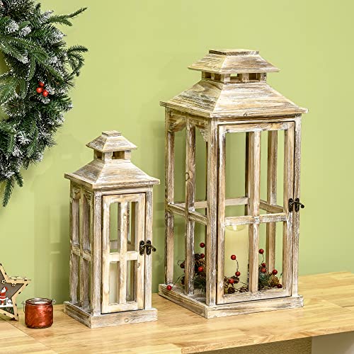 HOMCOM 2 Pack 28"/20" Large Rustic Wooden Lantern Decorative, Indoor/Outdoor Lantern for Home Décor (No Glass), Natural HOMCOM