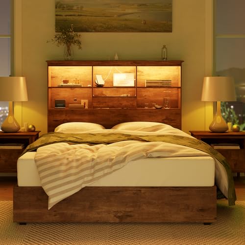 AMERLIFE Rustic Brown Queen Size Wooden Platform Bed with LED Bookcase Headboard, Storage Drawers & Charging Station AMERLIFE