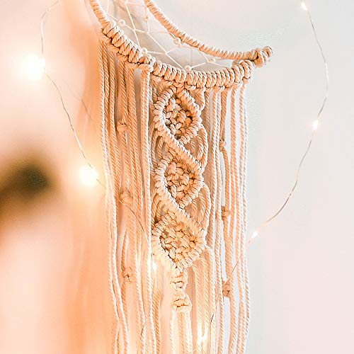 Boho Macrame Woven Wall Hanging, Crochet Crescent Moon Star Dream Catcher with Long Tassel- White Cotton Handmade Bohemian Home Decor Decoration Art - WoodArtSupply