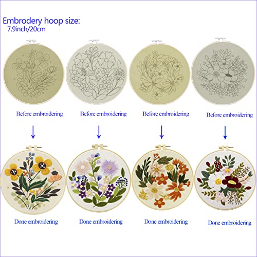 Bonroy 4 Sets Embroidery Kit for Beginners Art Craft Handy Sewing Include Embroidery Clothes with Pattern, Hoops, Instructions,Color Threads Needle Bonroy