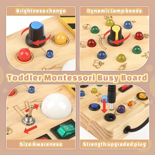 Joyreal Montessori Busy Board Wooden Sensory Toys for Toddler with LED Light Up Switch, Baby Fidget Board Travel Toys for 18+ Months, Boys Girls
