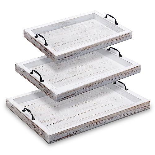 Didaey 3 Pieces Rustic Wooden Serving Trays with Handles Farmhouse Food Serving Trays Vintage Wooden Food Trays Serving Platters Nesting Decorative - WoodArtSupply