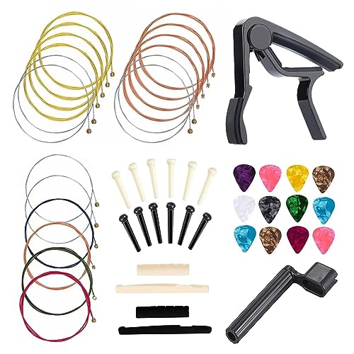 48 PCS Guitar Accessories Kit, Acoustic Guitar Changing Tool, Including Acoustic Guitar Strings, Guitar Picks, Capo, String Winder, Bridge Pins, Pin - WoodArtSupply