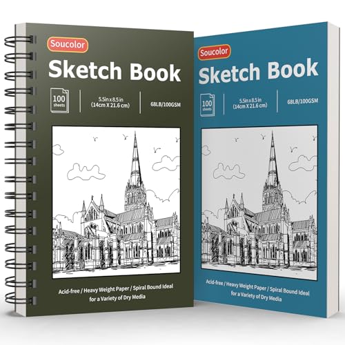 Soucolor 5.5" x 8.5" Sketch Book, 100 Sheets Spiral Bound Art Sketchbook, Acid Free (68lb/100gsm) Artist Drawing Book Paper Painting Sketching Pad (2 Soucolor