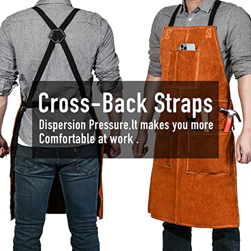 Leather Welding Work Apron,Woodworking Shop Apron,Heat Resistant & Flame Resistant Bib Apron, Flame Retardant Heavy Duty BBQ Apron, Adjustable Fit - WoodArtSupply