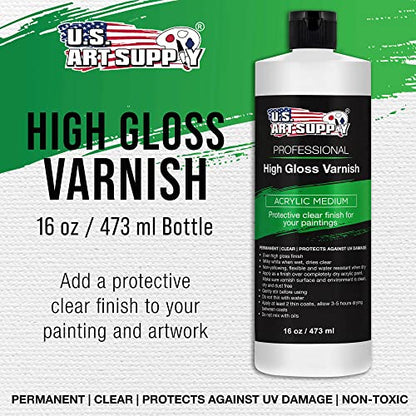 U.S. Art Supply Professional High Gloss Varnish, 16 oz (Pint) - Acrylic Medium, Clear Permanent Protective Finish for Paintings & Artwork, Apply Over - WoodArtSupply