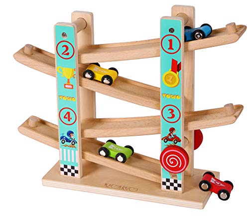 TOWO Pure Wooden Car Ramp - Zig Zag Car Slide Run with 4 Wooden Cars Playsets-Click Clack Track Wooden Car Toys for Toddlers -Racing Car Toys for
