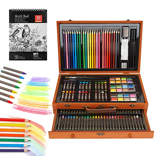 AGPTEK Art Set, 141 Pieces Deluxe Art Set, Wooden Painting Case & Art Supplies Kit with Crayons, Colored Pencils, Sketch Pencils, Paint Brushes, AGPTEK