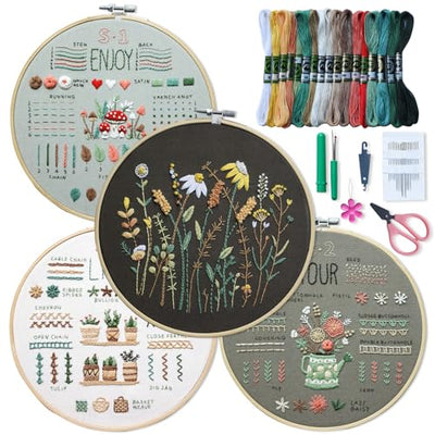 ETSPIL 4 Sets Embroidery Kit for Beginners ，Plant Kits for Adults Learn 33 Different Stitches，Includes Stamped Pattern, Easy to Follow Instruction &