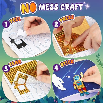 Alritz Foil Crafts Fun Kit, No Mess Foil Art Kit Toys for Kids Animals Space Cars, Foil Stickers, Art Craft Supplies, DIY Christmas Gift for Girls