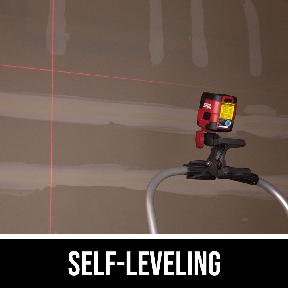 SKIL 50ft. Red Self-Leveling Cross Line Laser Level with Horizontal and Vertical Lines, Rechargeable Lithium Battery with USB Charging Port, Clamp & Skil