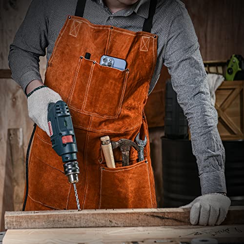 Leather Welding Work Apron,Woodworking Shop Apron,Heat Resistant & Flame Resistant Bib Apron, Flame Retardant Heavy Duty BBQ Apron, Adjustable Fit - WoodArtSupply