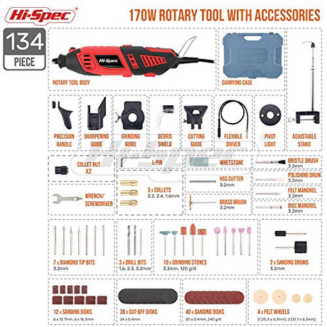 Hi-Spec 134pc 160W Corded Rotary Power Tool Kit Set with Dremel Compatible Rotary Tools Accessory Kit- Engraver, Sander, and Polisher-for Grinding, Hi-Spec