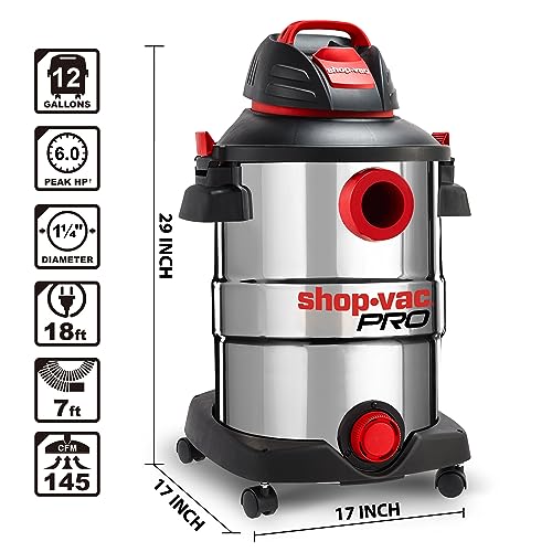Shop-Vac 12 Gallon 6.0 Peak HP Wet/Dry Vacuum, Stainless Steel Tank, 3 in 1 Function Portable Shop Vacuum with Attachments, Drain Port, Ideal for Shop-Vac