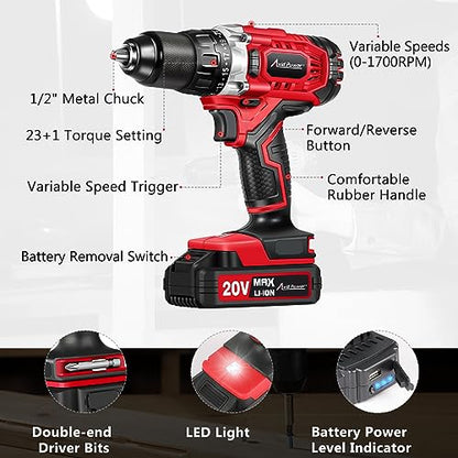 AVID POWER Drill Set Cordless 20V Electric Drill with Battery and Fast Charger, Variable Speed, 23+1 Torque Setting, 23pcs Accessories Drill Kit, - WoodArtSupply