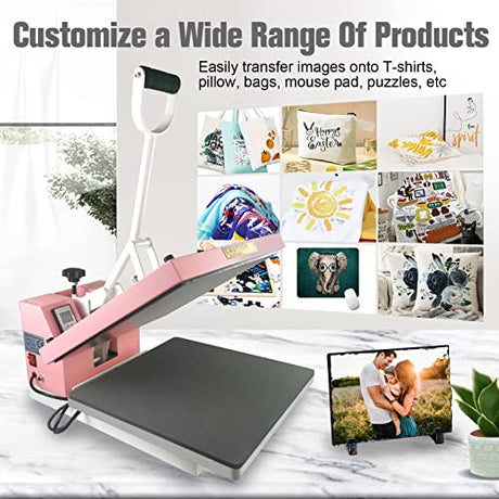 BetterSub Print T-Shirt Machine DIY Digital Industrial Quality Heat Press Machine Clamshell Transfer Sublimation Print Press Machine 15‘’x 15'' Pink BetterSub