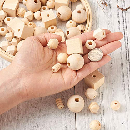 Craftdady 150pcs Unfinished Geometric Wooden Loose Beads Natural Unpainted Round Polygon Cube Rondelle Column Wood Spacer Beads for Craft Jewelry