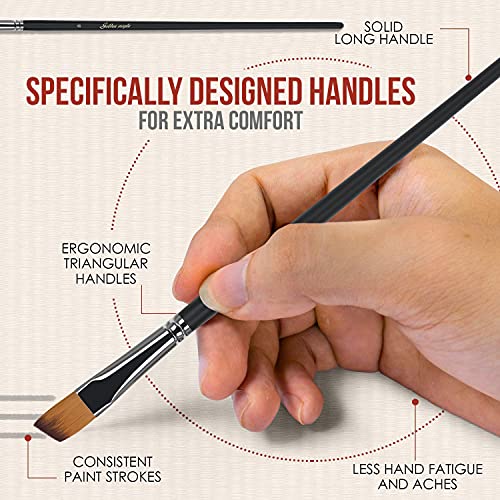 Angular Paint Brush, 9PC Oblique Tip Nylon Hair Long Handle Angled Paint Brushes Set Art Artist Professional Painting Supplies for Acrylic, golden maple