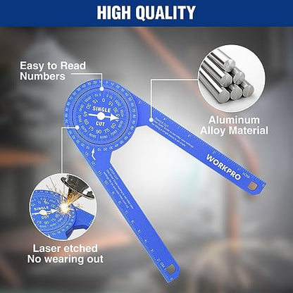 WORKPRO Aluminum Miter Saw Protractor, 7.3 Inch Angle Finder Featuring Precision Laser Engraved Scales for Inside and Outside Corner, Carpenters, - WoodArtSupply