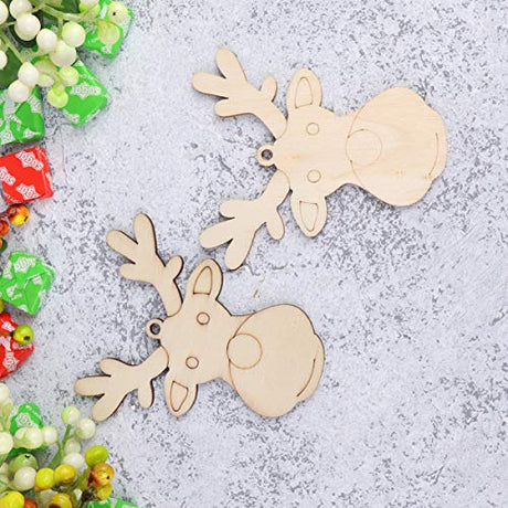 Amosfun 20PCS Christmas Unfinished Reindeer Head Wood Hanging Pendant DIY Painted Wood Tag Xmas Tree Decoration (Style B) Amosfun