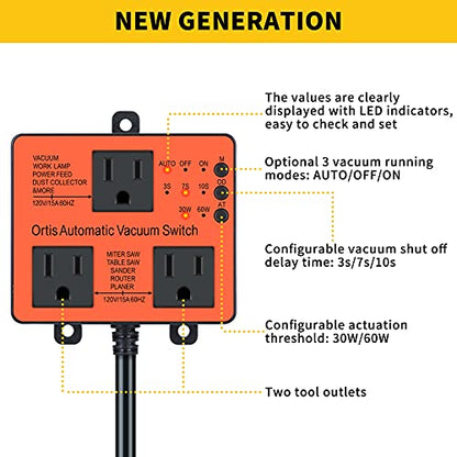 Automatic Vacuum Switch, Ortis Dust Control Autoswitch for More Power Tools, Delay Vacuum On/Off to Prevent Circuit Overload and Tripping, Adjustable