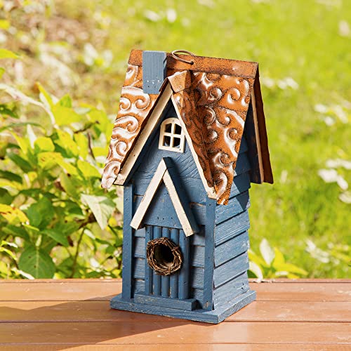 Glitzhome GH90096 Hanging Distressed Wooden Garden Cottage Birdhouse, Blue glitzhome