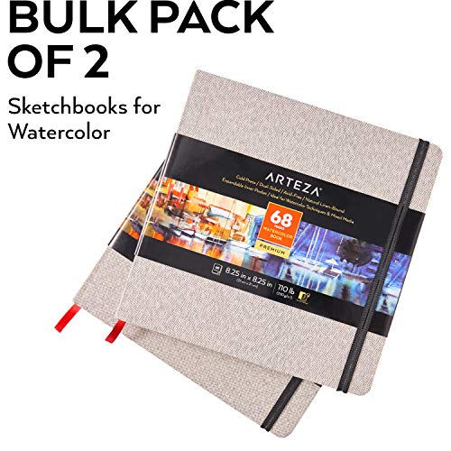 Arteza Watercolor Sketchbooks, 8.25x8.25-inch, 2-Pack, 68 Sheets, Gray Art Journal, Hardcover 110lb Paper Book, Watercolor Sketchbook for Use as - WoodArtSupply