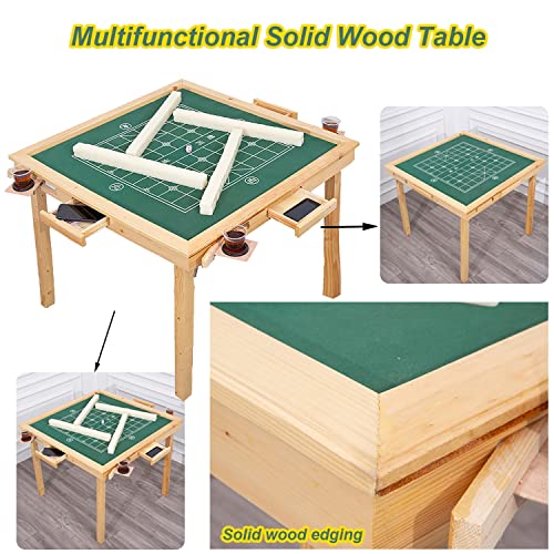 GSANEI Mahjong Folding Table with Drawers,Wood Square 4 Player Domino Card Game Table with Green Felt and Cup Holders for Table, Board Game, Camping GSANEI