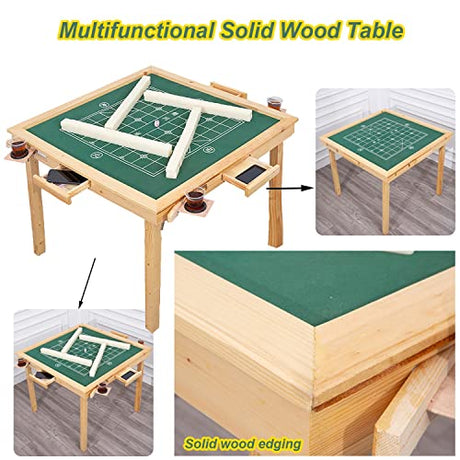 GSANEI Mahjong Folding Table with Drawers,Wood Square 4 Player Domino Card Game Table with Green Felt and Cup Holders for Table, Board Game, Camping GSANEI