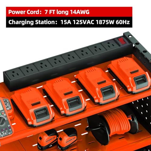 KAFAHOM Power Tool Organizer with Charging Station, Built in 8 Outlet Power Strip,Large 8 Drill Holder Wall Mount, Heavy Duty Metal Power Tool KAFAHOM