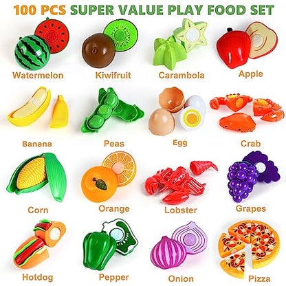 100 Pcs Play Food Set for Kids Kitchen, Pretend Food Toy for Toddlers Age 1-3, Plastics Cutting Fake Food/ Fruit/ Vegetable Accessories with 2