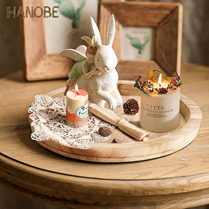 Hanobe Wood Decorative Tray - Round Unfinished Wooden Trays DIY Ottoman Serving Tray Centerpiece Candle Holder for Kitchen Countertop Crafts Art Home
