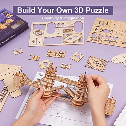 ROBOTIME 3D Puzzle Wooden Craft Kits with LED Light DIY Tower Bridge Construction Model Kit to Build for Teens Brain Teaser Puzzle Home Decor