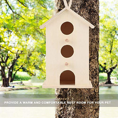 Wooden Bird House Unfinished Unpainted Hanging Cords Birdhouse for Finches and Songbirds Outdoor Decoration DIY Kids Educational 1pcs